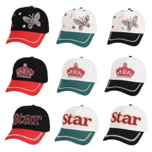 Gorra de Béisbol para Mujer con Diamantes de Imitación Mariposa Corona Estrella Bloque de Color Sombrero de Sol Moda Mezcla de Algodón Ala Curva