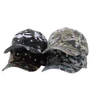 Camouflage strass honkbalpet met kleurrijke kristallen sterren, modieuze pet.