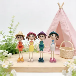 Set of four decorative cute cartoon girl fridge magnets in a cozy outdoor picnic scene