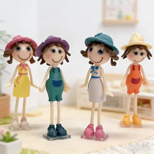 Detailed view of four colorful 3D miniature girl figurines used as fridge magnets.