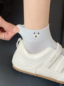 Chaussettes courtes femme coton bleu mignonnes chaussettes avec broderie d'ours printemps