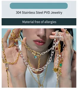Close-up of model wearing multiple layered gold and silver stainless steel necklaces