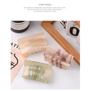 Detail shot of three translucent square hair claw clips with elegant jelly colors