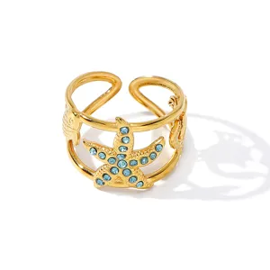Elegant 18k gold plated stainless steel starfish open ring with blue stones for women