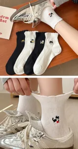 Cute embroidered cat women socks retro lace ruffle cotton short socks casual sweet style