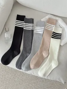 4-Bar Striped Knee-High Socks Women's Knit Long Athletic Stockings Casual Daily Wear
