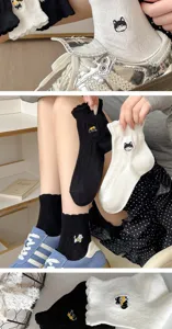 Cute cat embroidered women socks vintage ruffle cotton low cut socks daily casual wear style