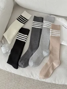 Women knit long tube socks casual four stripe fashion stylish knee high cute hosiery stockings