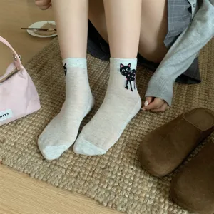 Women summer breathable mesh short socks featuring adorable cartoon cat polka dot pattern design.
