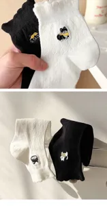 Cute embroidered cat women socks retro lace low cut cotton socks for stylish daily wear