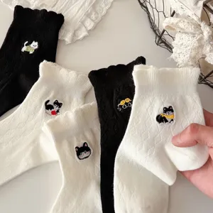 Women's Cute Cartoon Cat Embroidery Ruffle Lace Low Cut Socks Cotton Casual Vintage Short Socks