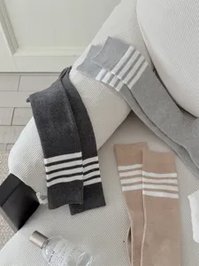 Grey and khaki four-stripe knee-high knit socks, Japanese JK style casual sports socks.