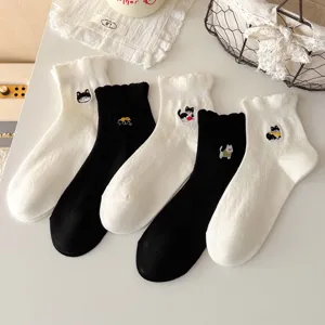 Cute embroidered cat cotton socks with retro lace cuffs for women daily casual wear.