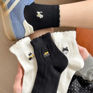 Cute embroidered cat women socks with vintage ruffle cuff, comfortable cotton casual socks.