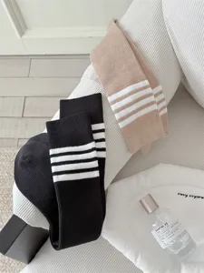 Women striped long socks knee high casual knit hosiery fashion four bar design daily wear