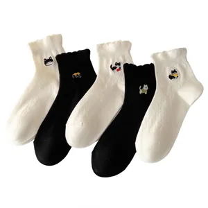 Women cute cat embroidered socks retro lace-up cotton low cut short socks fashion girl footwear