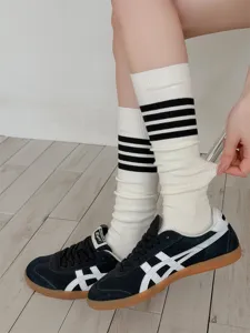 Women white cotton calf socks with black stripes retro sports casual long socks stylish