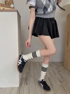 Grey striped knee high socks for women, stylish cotton long socks for daily wear spring autumn fashion.