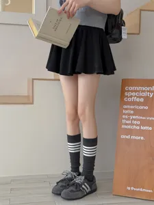 Gray striped calf socks Japanese JK style cute long socks for women daily casual wear.