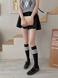 Japanese style striped calf socks for women, classic three-bar design for daily JK outfit.