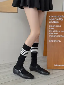 Japanese style JK knit long socks with cute stripes, comfortable cotton calf socks for women.