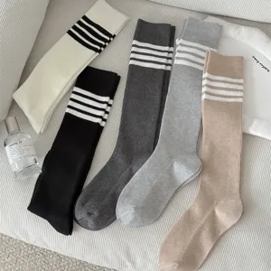 Women four-bar striped long socks knit casual knee high stockings autumn winter daily wear