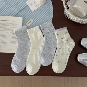 Detail view of Korean style cute floral lace trim short socks with heart pattern.