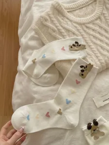 Cute 3D bear ear cotton women socks with colorful hearts, soft warm daily crew socks.