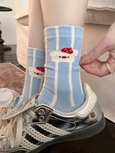 Calzini medi a righe blu da donna con simpatico motivo a orsetto, morbido cotone giornaliero.