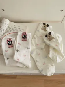 Cute cartoon 3D animal design white cotton socks with bow and star patterns for women.