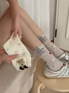 Cute cartoon bear women crew socks with 3D ears and colorful polka dots sweet cotton socks
