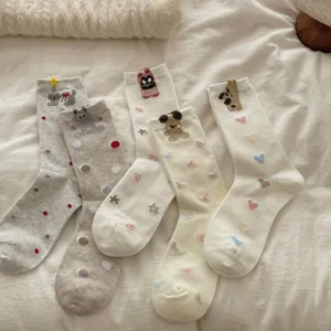 Women's Cute Cartoon Cotton Crew Socks With 3D Ears Colorful Polka Dots Sweet Casual Daily Hosiery