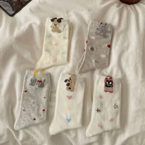Cute 3D cartoon animal cotton socks for women, sweet embroidery bow heart mid-tube socks