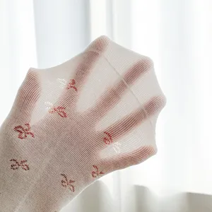 Sheer mesh bow print women socks spring summer breathable elastic hosiery casual style