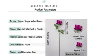 Detailed dimensions and material specifications of the artificial velvet rose flower