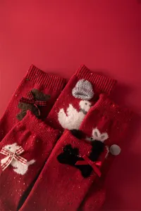 Red wool blend knit socks women winter warm bow detail new year socks festive hosiery