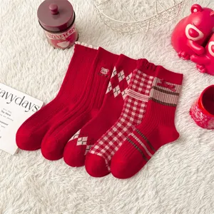 Herbst Winter vintage rote Damensocken Set, süße karierte Baumwollsocken mittelhoch.