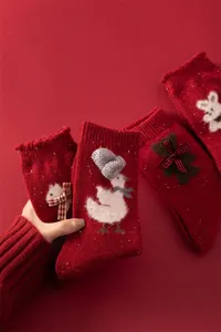 Cozy red wool flecked mid-calf socks for women, festive winter cute animal knit hosiery.