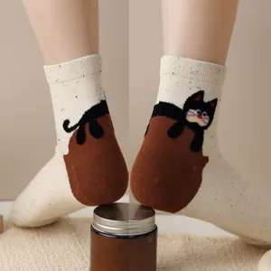 Cute black cat heel women socks, breathable cotton spring summer cute short socks.