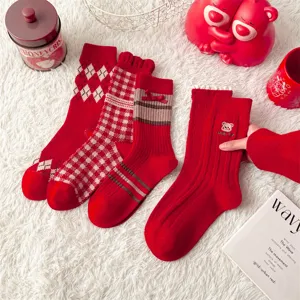 Rote Damen Baumwoll Socken retro Karo Rauten Schleife Bär Design Winter Herbst Warme Damensocken