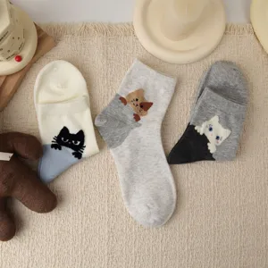 Cute cartoon cat socks for women, breathable cotton mid-tube socks, stylish spring summer wear.