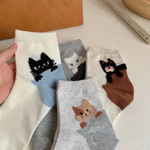 Cute cat cartoon ankle socks detailed view showcasing soft cotton fabric and lovely embroidery.