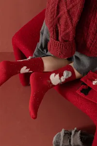 Red wool nep yarn socks for women, warm mid-tube new year socks with cute animal design.
