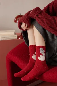 Red wool speckle knit women socks with cute duck design, cozy mid-tube winter holiday hosiery.
