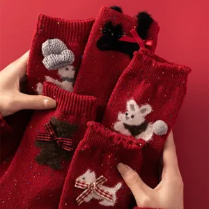 Women Cute Red Wool Blend Knitted Mid-Calf Socks Warm Slub Yarn Red Bowknot Cartoon Animal Winter Socks For New Year Festival