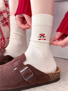 Damen Baumwollsocken mittelhoch süße Löwen Stickerei Vintage Freizeit festlich Winter warm