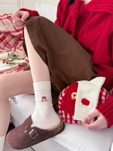 Neujahrs bestickte mittelhohe Baumwollsocken mit Löwen- und Glücksmustern für Damen