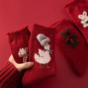 Cozy red wool blend mid-calf socks with cute 3D duck and bear knit designs for winter warm.