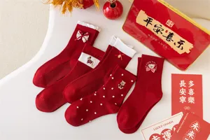 Detailed view of Chinese New Year red socks set featuring cute bear embroidery and bows.