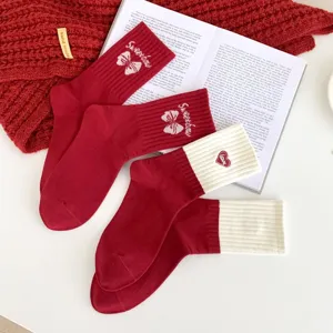 Women burgundy mid-calf socks cute bow and love heart embroidery autumn winter cotton socks